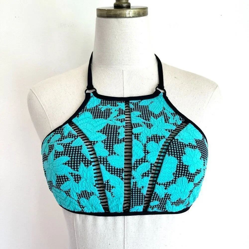 Nanette Lepore Jacquard Floral High Neck Bikini Top Aqua and Black Size Medium
